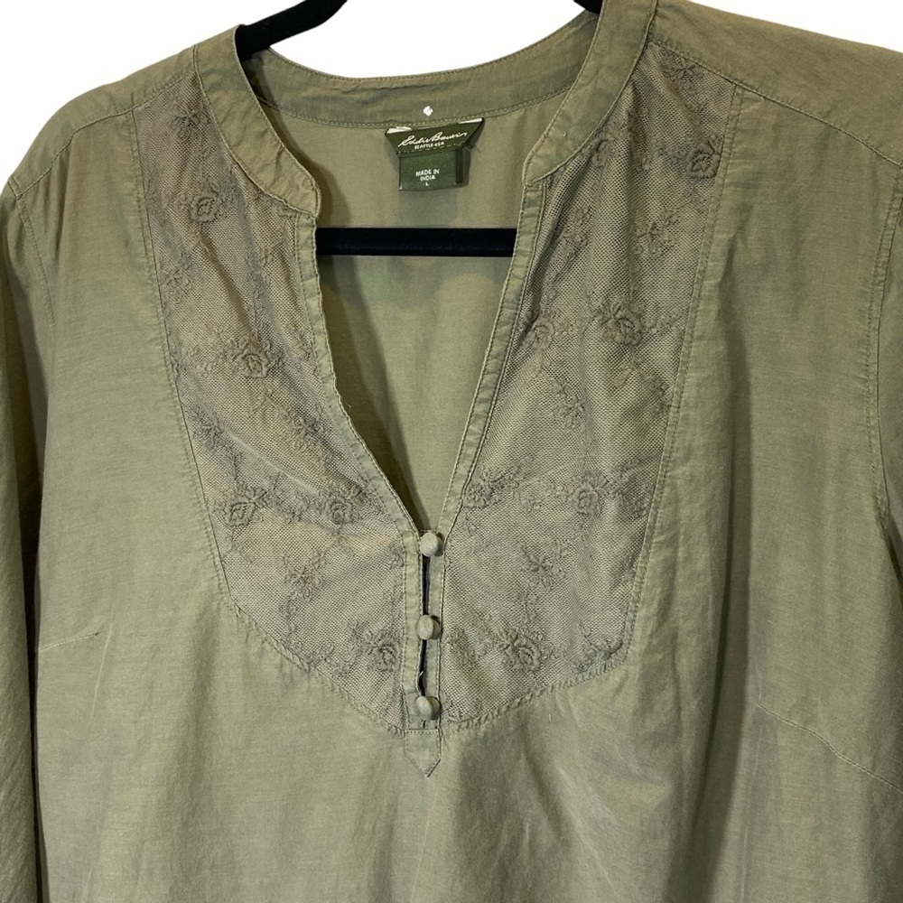 Eddie Bauer Women L Olive Green Long Sleeve Floral Embroidered Shirt silk blend - Picture 2 of 7